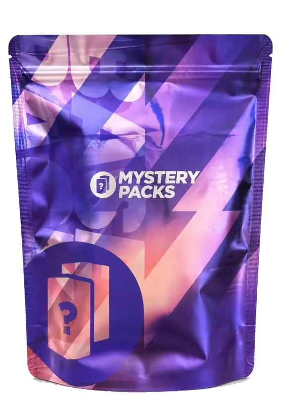 Ein lila MysteryPack, oben wird der Streifen abgerissen
